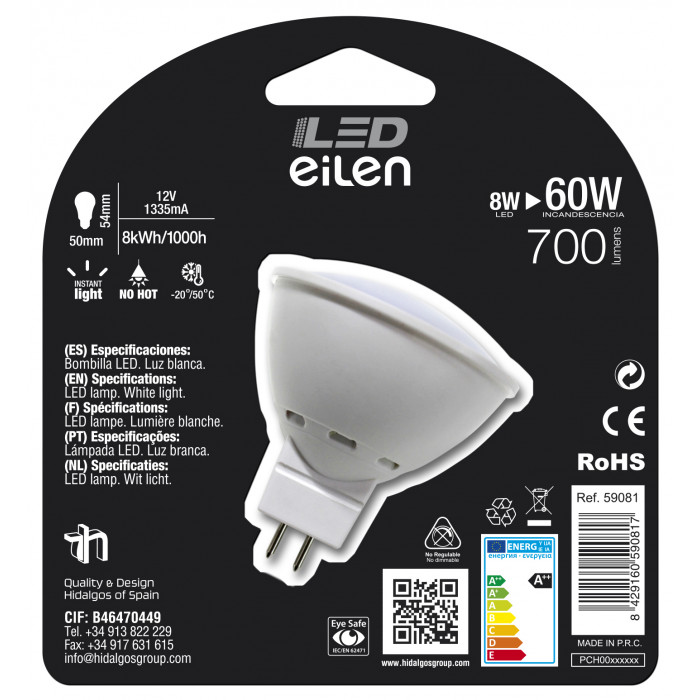 BOMBILLA LED SPOTLIGHT MR16 12V GU5.3 8W (60W) 700LM 4000K 25000H Eilen BL.1
