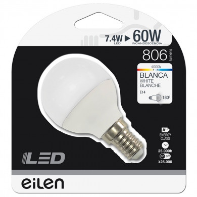 BOMBILLA LED ESFERICA G45 E14 7,4W (60W) 806LM 4000K 25000H Eilen BL.1
