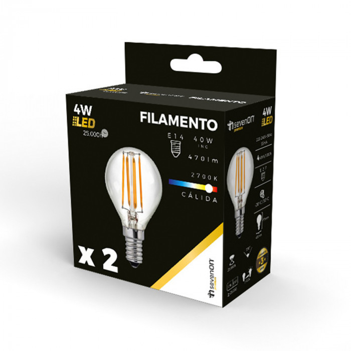 BOMBILLA LED ESFERICA G45 FILAMENTO TRANSPARENTE  E14 4W (40W) 470LM 2700K 25000H 7hSevenOn  Premium CJ.2
