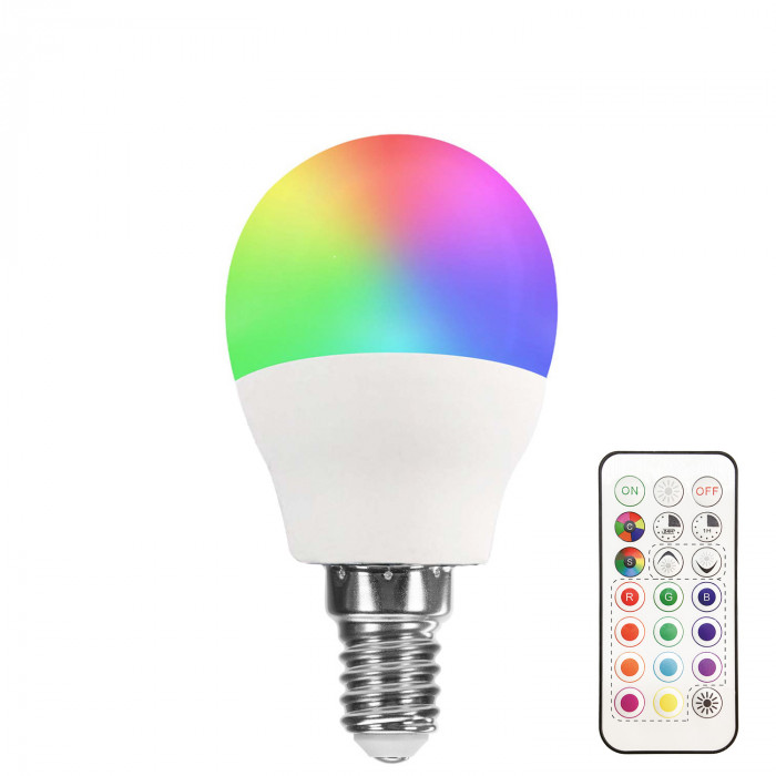 BOMBILLA LED ESFERICA G45 RGB E14 6W (40W) 470LM 4000K 25000H CON MANDO 7hSevenOn BL.1