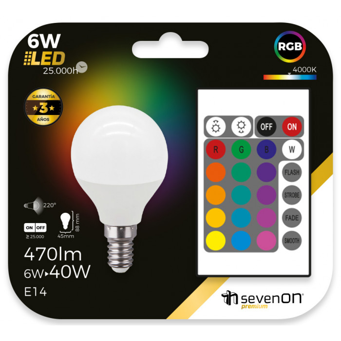 BOMBILLA LED ESFERICA G45 RGB E14 6W (40W) 470LM 4000K 25000H CON MANDO 7hSevenOn BL.1