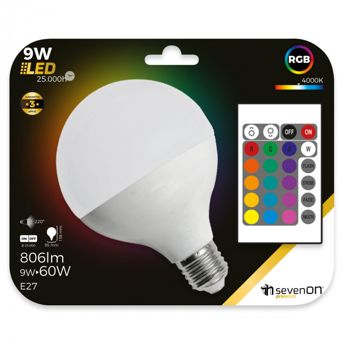 BOMBILLA LED GLOBO G95 RGB E27 9W (60W) 806LM 25000H CON MANDO 7hSevenOn  Premium BL.1