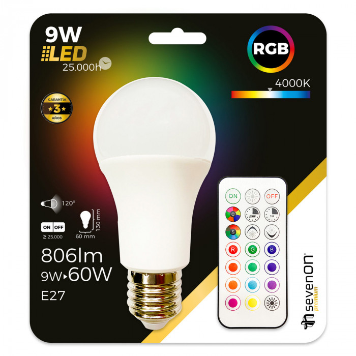 BOMBILLA LED ESTANDAR A60 RGB E27 CON MANDO 9W (60W) 806LM 25000H 7hSevenOn Premium BL.1