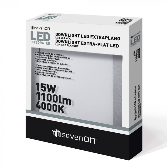DOWNLIGHT EXTRAPLANO LED CUADRADO 15W 1100lm ALUMINIO MATE 225mm 7hSevenOn CJ.1