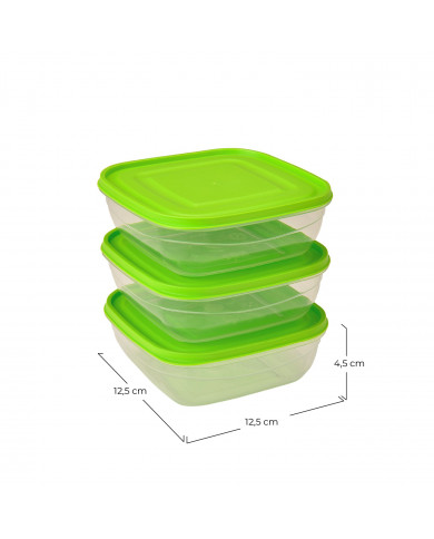 RECIPIENTES HERMETICOS CUADRADOS SET 3 PIEZAS COLORES SURTIDOS (3x0,4L)