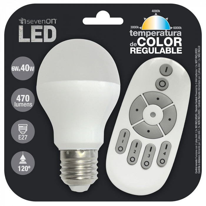 LED DIMABLE CAMBIO TªCOLOR Y LÚMENES C/MANDO PLAST.6W 470lm E27 15000H 7hSevenOn BL.1
