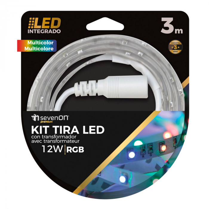 KIT TIRA LED RGB 3M CON MANDO Y TRANSFORMADOR RECORTABLE Y ENLAZABLE 7hSevenOn BL.1
