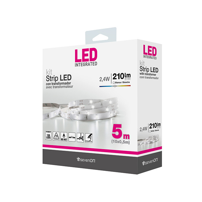 KIT TIRA LED BLANCO 4000K 5M CON TRANSFORMADOR RECORTABLE Y ENLAZABLE 7hSevenOn BL.1
