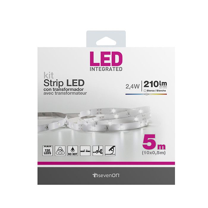 KIT TIRA LED BLANCO 4000K 5M CON TRANSFORMADOR RECORTABLE Y ENLAZABLE 7hSevenOn BL.1
