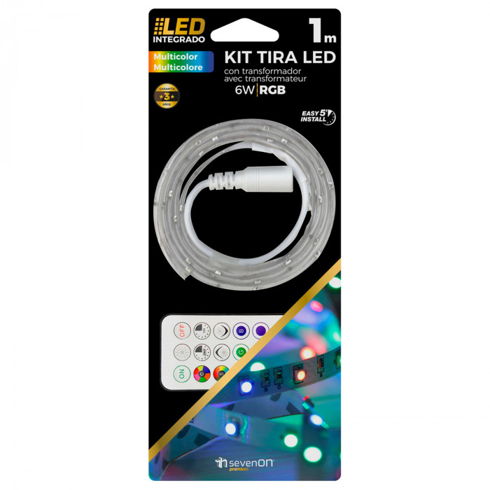 KIT TIRA LED RGB 1M CON MANDO Y TRANSFORMADOR RECORTABLE Y ENLAZABLE 7hSevenOn BL.1
