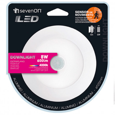 DOWNLIGHT LED EXTRAPLANO REDONDO BLANCO 8W 600LM 4000K 25000H D120MM CON SENSOR MOVIMIENTO 7hSevenOn BL.1
