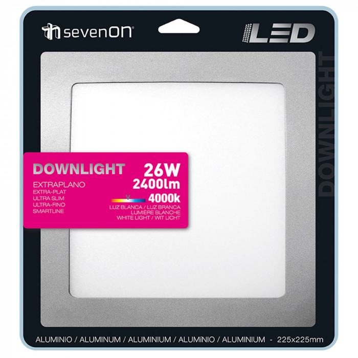 DOWNLIGHT LED EXTRAPLANO CUADRADO ALUMINIO MATE 26W 2400LM D225MM 7hSevenOn CJ.1
