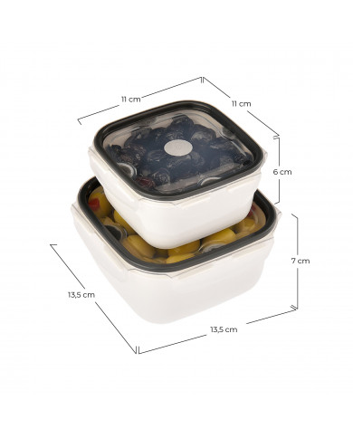 SET 2 PIEZAS RECIPIENTES HERMÉTICOS CON TAPA CLICK CUADRADAS BLANCO PURO COLORES SURTIDOS (0,4L+0,7L)