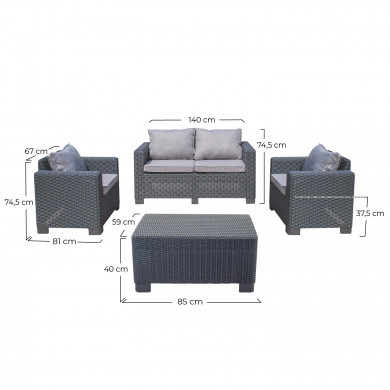CONJUNTO DE JARDÍN MENORCA GRIS MESA+SOFÁ+2 SILLONES RATÁN 3 BULTOS CJ.1
