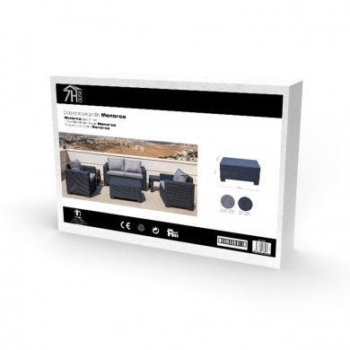 CONJUNTO DE JARDÍN MENORCA GRIS MESA+SOFÁ+2 SILLONES RATÁN 3 BULTOS CJ.1