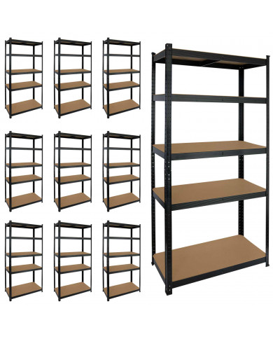 MegaPack 10 Estanterías Modulares Negras con 5 Baldas Ajustables 180x90x40cm 875Kg GH91