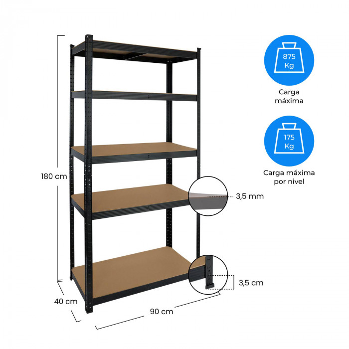 Pack 2 Estanterías Modulares Negras con 5 Baldas Ajustables 180x90x40cm 875Kg GH91