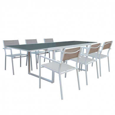 CONJUNTO ALUMINIO MESA EXT. 74x160/240x90cm + 6 SILLAS CON BRAZOS 81x54x59cm 7HOUSE