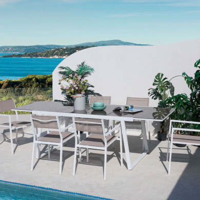 CONJUNTO ALUMINIO MESA EXT. 74x160/240x90cm + 6 SILLAS CON BRAZOS 81x54x59cm 7HOUSE