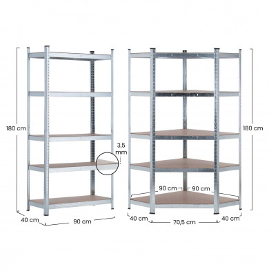 Pack 2 Estanterías Modulares y 1 Estantería Esquinera Galvanizadas 5 Baldas Ajustables GH91