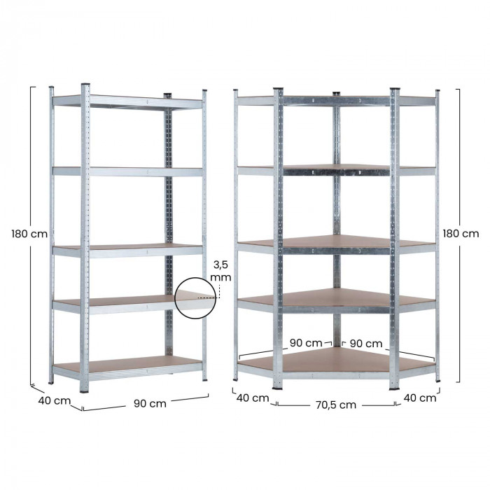 Pack 2 Estanterías Modulares y 1 Estantería Esquinera Galvanizadas 5 Baldas Ajustables GH91