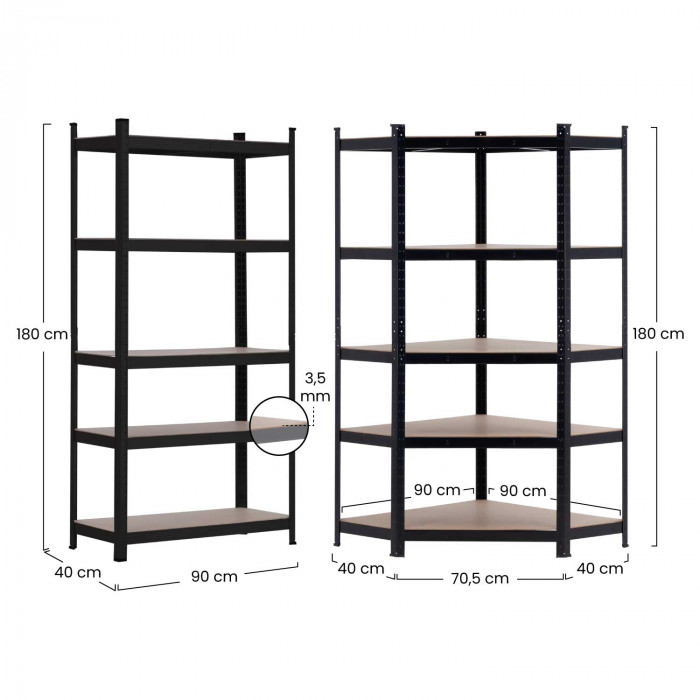 Pack 2 Estanterías Modulares y 1 Estantería Esquinera Negras 5 Baldas Ajustables GH91