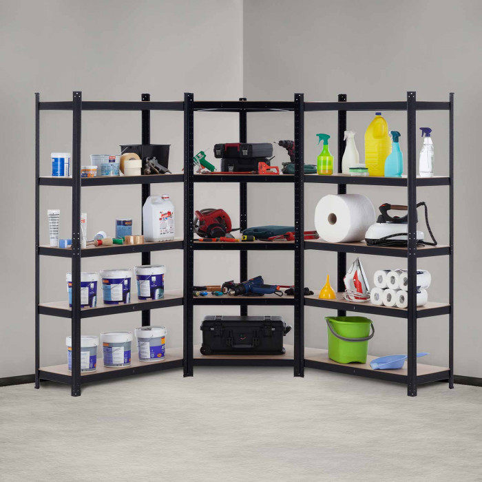 Pack 2 Estanterías Modulares y 1 Estantería Esquinera Negras 5 Baldas Ajustables GH91