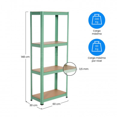 ESTANTERÍA 4 BALDAS AJUSTABLES VERDE 60KG 60x30Xx148cm RDM CJ.1 7HOUSE
