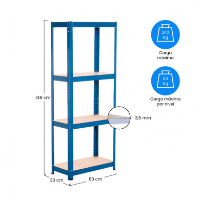 ESTANTERÍA 4 BALDAS AJUSTABLES AZUL 60KG 60x30Xx148cm RDM CJ.1 7HOUSE