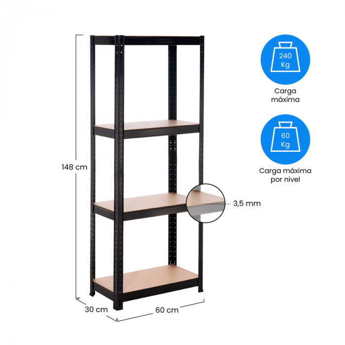ESTANTERÍA 4 BALDAS AJUSTABLES NEGRA 60KG 60x30Xx148cm RDM CJ.1
