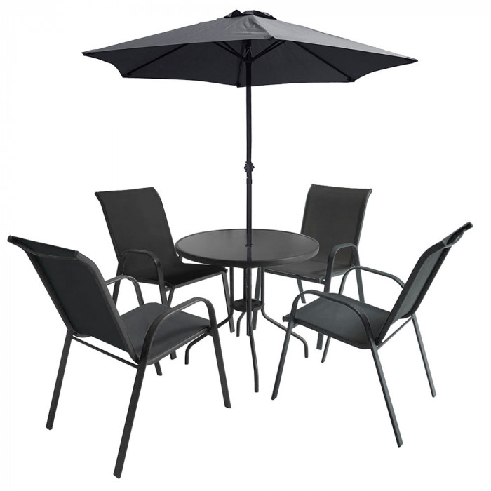 CONJUNTO COMEDOR ALTEA MESA REDONDA 80CM CON SOMBRILLA Y 4 SILLAS GRIS ANTRACITA 7HOUSE