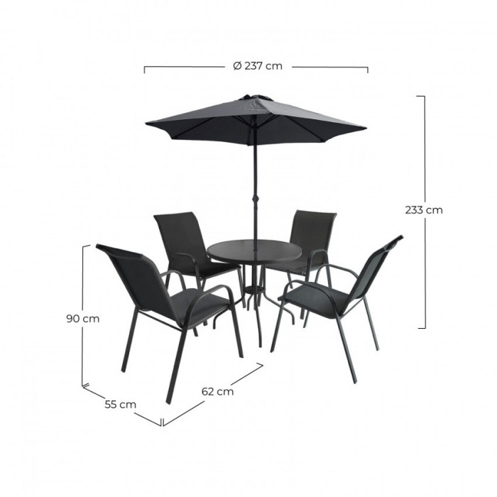 CONJUNTO COMEDOR ALTEA MESA REDONDA 80CM CON SOMBRILLA Y 4 SILLAS GRIS ANTRACITA 7HOUSE