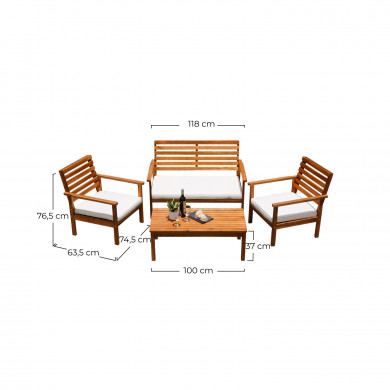 CONJUNTO JARDIN BANCO+DOS SILLAS+MESA CENTRO ACACIA COJINES BLANCOS SEVEN  HOUSE CONJUNTO JARDIN BANCO+DOS SILLAS+MESA CENTRO ACACIA COJINES BLANCOS SEVEN  HOUSE