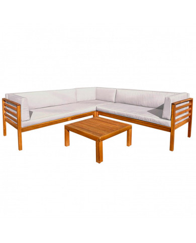 CONJUNTO SOFA 225*225CM CON MESA CENTRO 70*70 DE MADERA ACACIA CON COJINES BLANCOS SEVEN HOUSE CONJUNTO SOFA 225*225CM CON MESA CENTRO 70*70 DE MADERA ACACIA CON COJINES BLANCOS SEVEN HOUSE