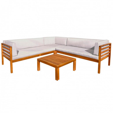 CONJUNTO SOFA 225*225CM CON MESA CENTRO 70*70 DE MADERA ACACIA CON COJINES BLANCOS SEVEN HOUSE CONJUNTO SOFA 225*225CM CON MESA CENTRO 70*70 DE MADERA ACACIA CON COJINES BLANCOS SEVEN HOUSE