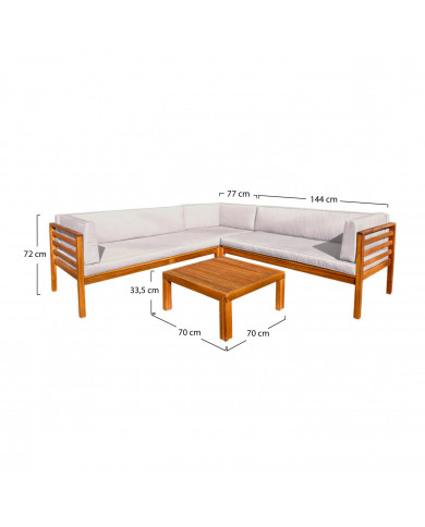 CONJUNTO SOFA 225*225CM CON MESA CENTRO 70*70 DE MADERA ACACIA CON COJINES BLANCOS SEVEN HOUSE CONJUNTO SOFA 225*225CM CON MESA CENTRO 70*70 DE MADERA ACACIA CON COJINES BLANCOS SEVEN HOUSE