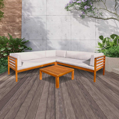 CONJUNTO SOFA 225*225CM CON MESA CENTRO 70*70 DE MADERA ACACIA CON COJINES BLANCOS SEVEN HOUSE CONJUNTO SOFA 225*225CM CON MESA CENTRO 70*70 DE MADERA ACACIA CON COJINES BLANCOS SEVEN HOUSE