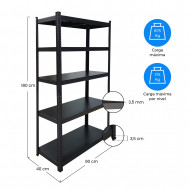 Pack 2 Estanterías Modulares Negras con 5 Baldas Ajustables 180x90x40cm 875Kg 7house