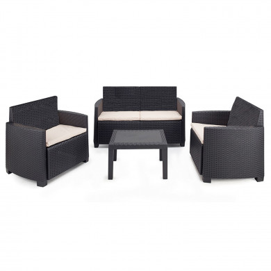 SET ARENA RATTAN ANTRACITA CON 8 COJINES BEIGE