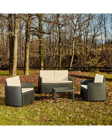 SET ARENA RATTAN ANTRACITA CON 8 COJINES BEIGE