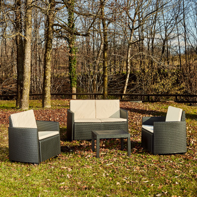 SET ARENA RATTAN ANTRACITA CON 8 COJINES BEIGE