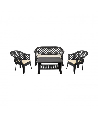 SET TERRAZA VERANDA MESA BAJA 2 SILLONES Y 1 BANCO  CON COJINES ANTRACITA