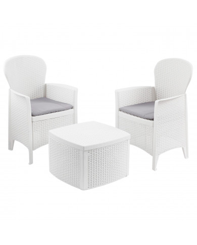 CONJUNTO INTERIOR/EXTERIOR 2 BUTACAS 1 MESITA MODELO TREE CON CONJINES BLANCO 59x57x85,5cm/ 53x53x40cm Peso 14,3Kg