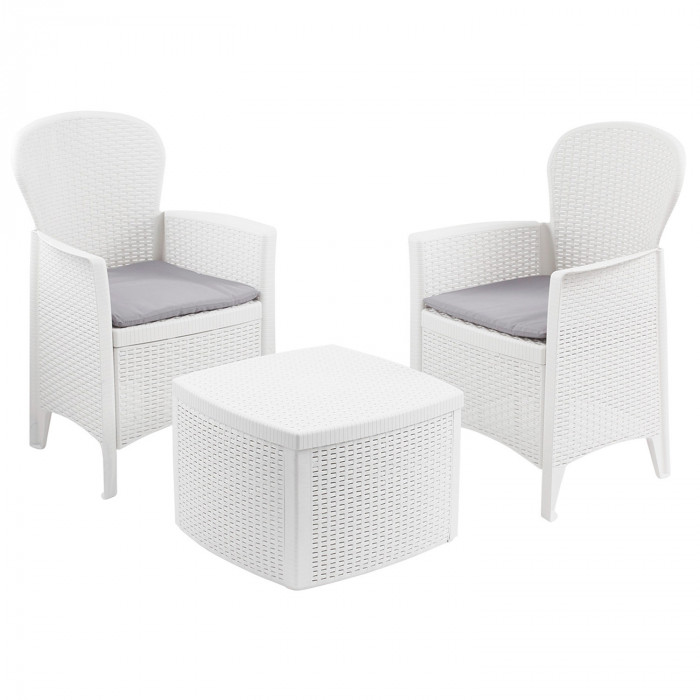 CONJUNTO INTERIOR/EXTERIOR 2 BUTACAS 1 MESITA MODELO TREE CON CONJINES BLANCO 59x57x85,5cm/ 53x53x40cm Peso 14,3Kg