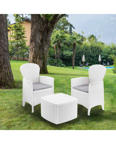 CONJUNTO INTERIOR/EXTERIOR 2 BUTACAS 1 MESITA MODELO TREE CON CONJINES BLANCO 59x57x85,5cm/ 53x53x40cm Peso 14,3Kg