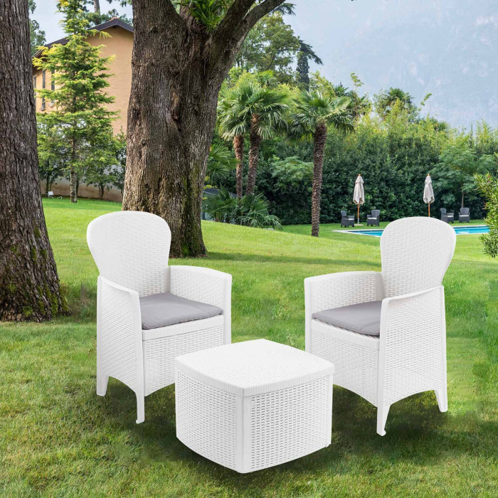 CONJUNTO INTERIOR/EXTERIOR 2 BUTACAS 1 MESITA MODELO TREE CON CONJINES BLANCO 59x57x85,5cm/ 53x53x40cm Peso 14,3Kg