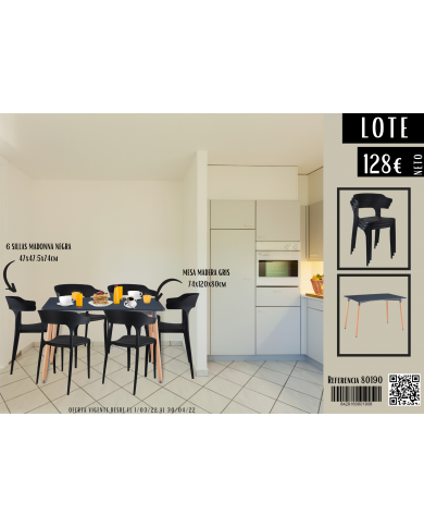 LOTE MESA COMEDOR/COCINA NEGRA 80x120cm + 6 SILLAS NEGRAS MADONNA
