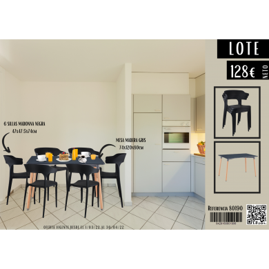 LOTE MESA COMEDOR/COCINA NEGRA 80x120cm + 6 SILLAS NEGRAS MADONNA LOTE MESA COMEDOR/COCINA NEGRA 80x120cm + 6 SILLAS NEGRAS MADONNA