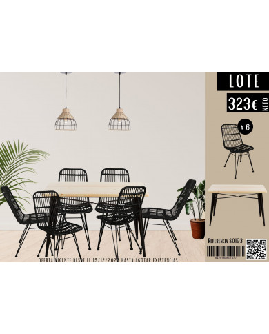 LOTE MESA METÁLICA/MADERA STRONG NEGRO 120X80CM +6 SILLAS RATTAN HAWI NEGRA 41.5X56X81CM THINIA HOME