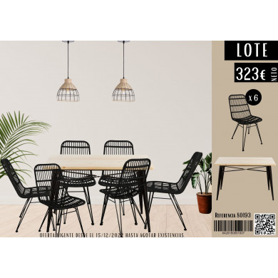 LOTE MESA METÁLICA/MADERA STRONG NEGRO 120X80CM +6 SILLAS RATTAN HAWI NEGRA 41.5X56X81CM THINIA HOME LOTE MESA METÁLICA/MADERA STRONG NEGRO 120X80CM +6 SILLAS RATTAN HAWI NEGRA 41.5X56X81CM THINIA HOME
